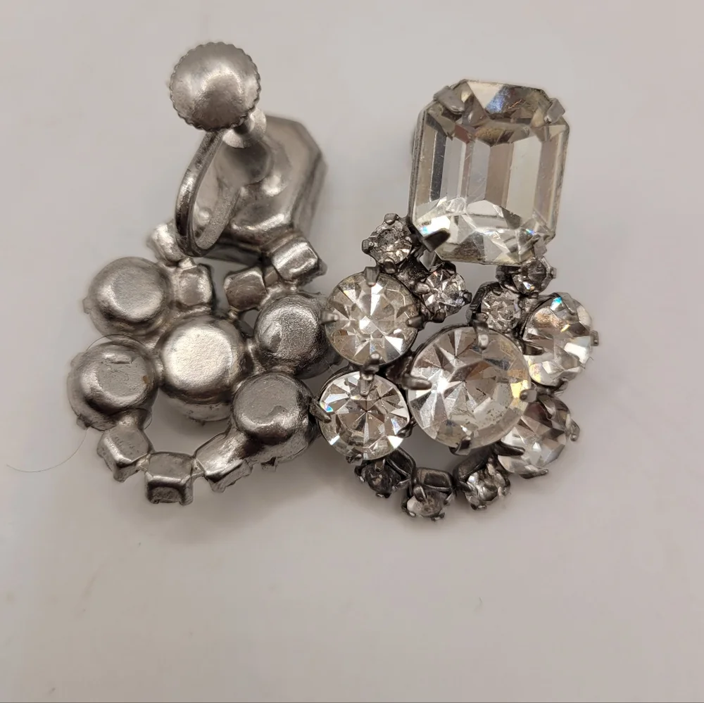Vintage Art Deco Emerald Cut Rhinestone Earrings Screwback Mid Century Modern